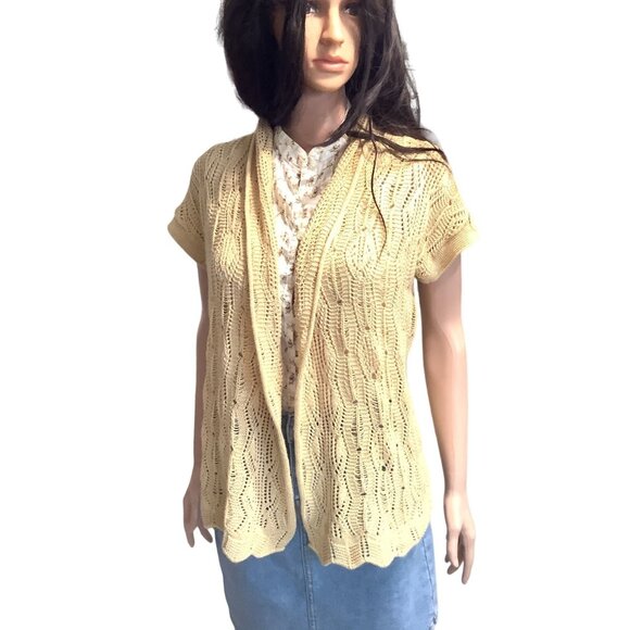 (6 for $25) Ruby Rd. Petite Pointelle Open Cardigan in Shimmering Gold size PM - Picture 2 of 4